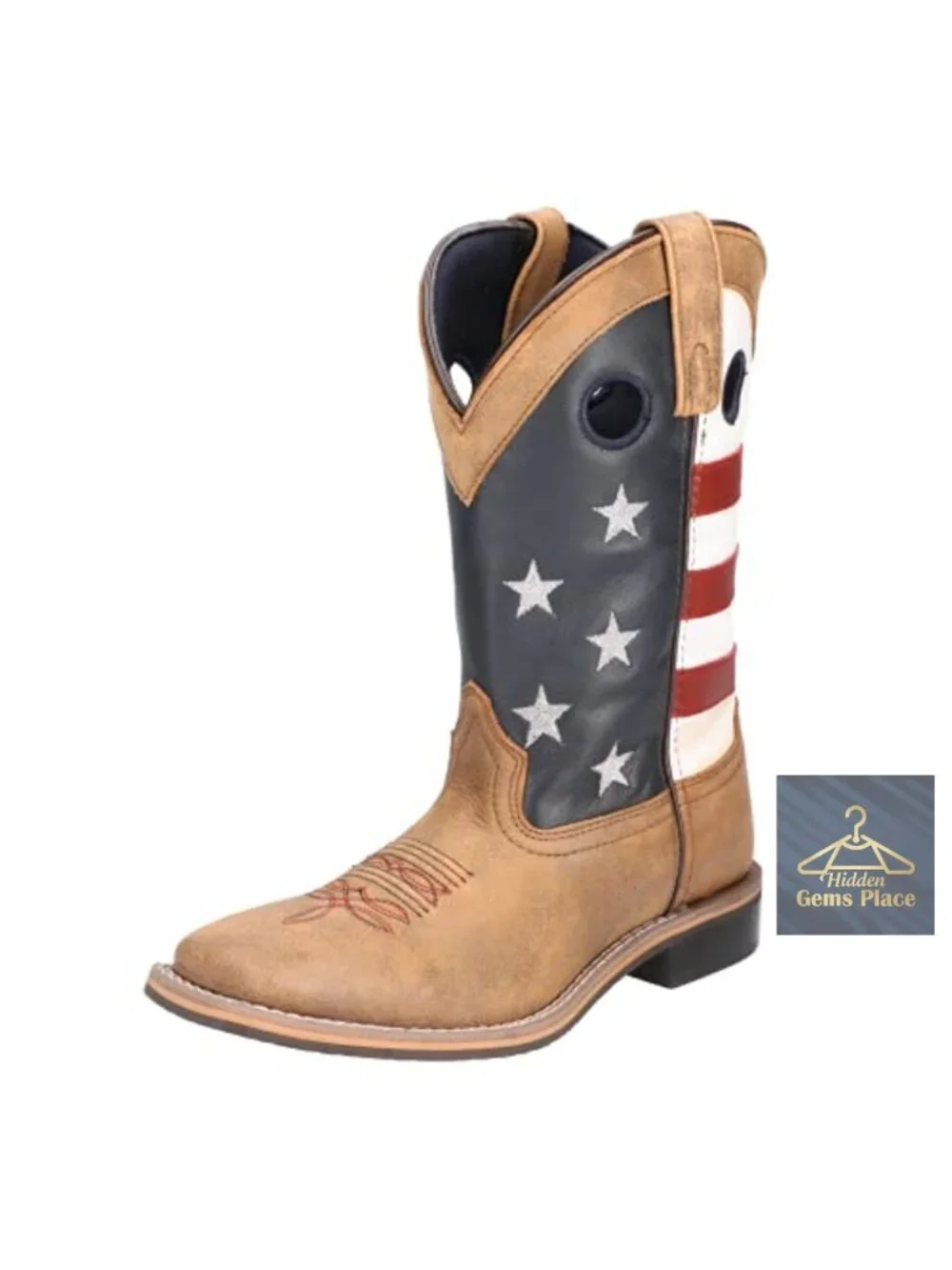 Ladies Western Square Toe Mid-Calf Boots Leather Embroidered Rhinestones Slip-On